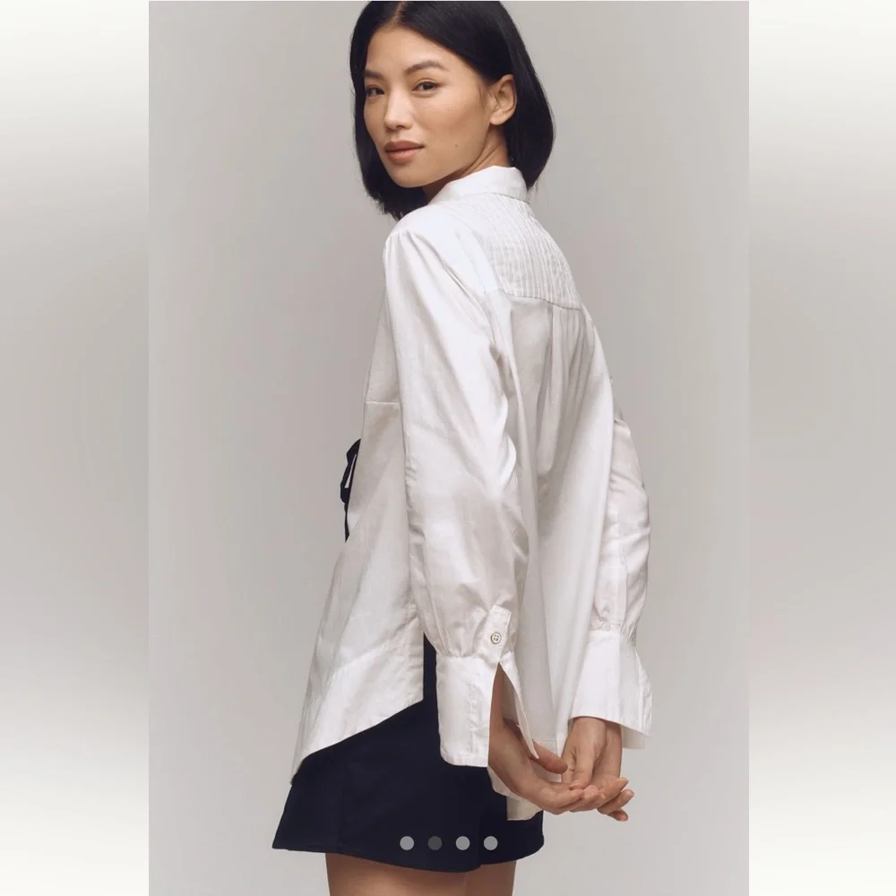 *NWT* ANTHROPOLOGIE x MAEVE Tuxedo Bow Pleat Button-Up Detail Blouse Wht&Blk — M - Picture 2 of 4